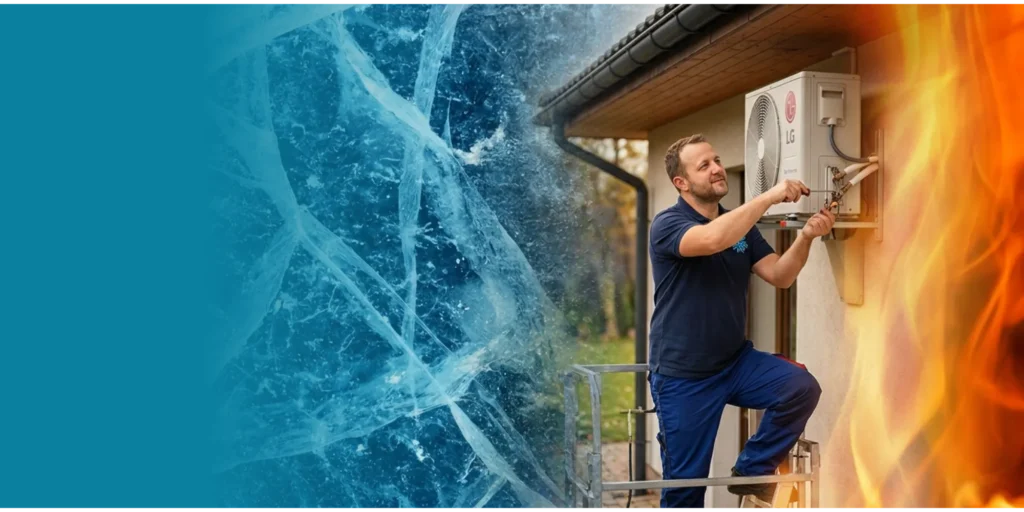 Montáž klimatizační jednotky na rodinném domě.